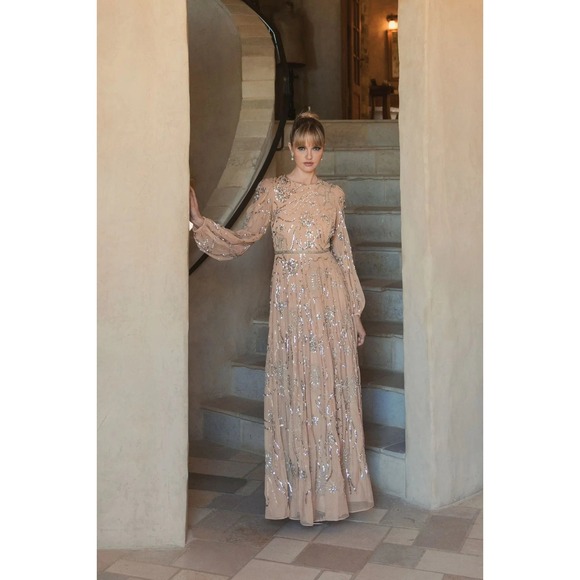 Mac Duggal Beige Embellished High Neck Puff Sleeve Gown $698 - Size 14 - Picture 2 of 14